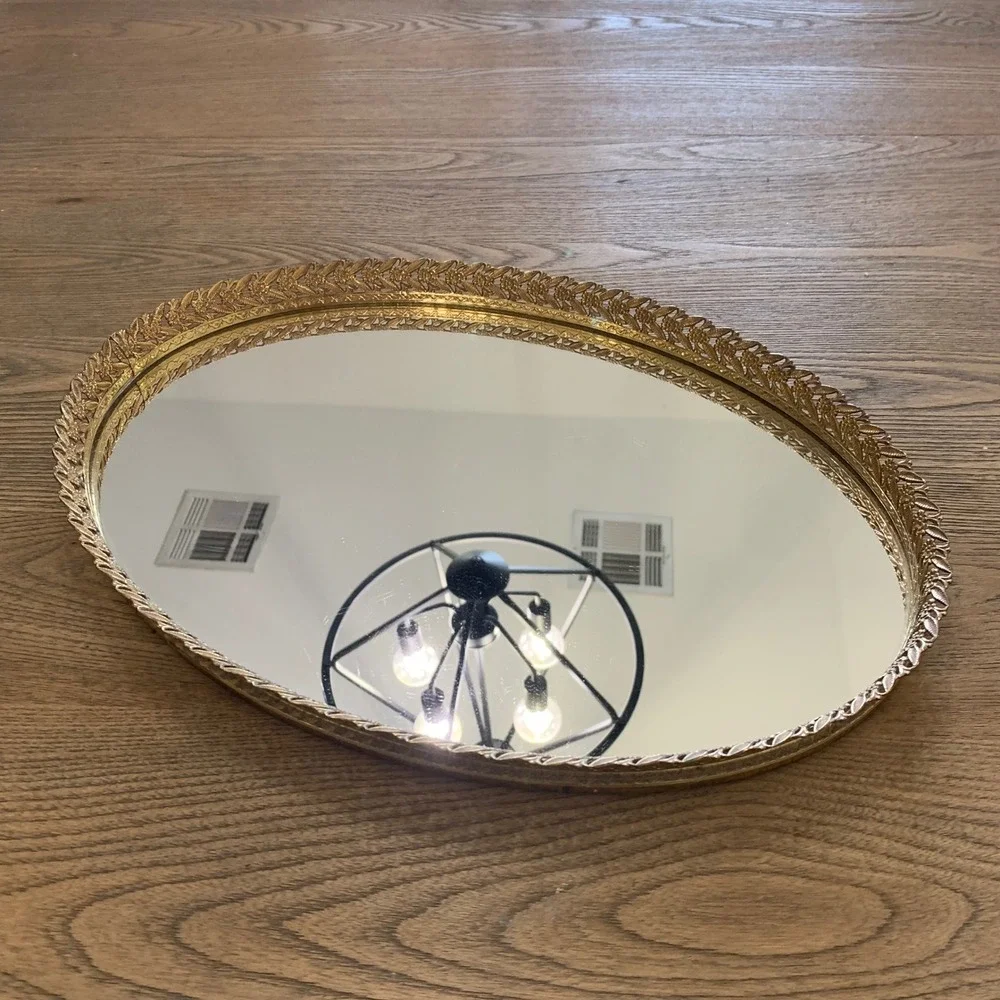Vintage Gold Filigree Mirrored Vanity Tray Oval Floral Ornate Metal 16